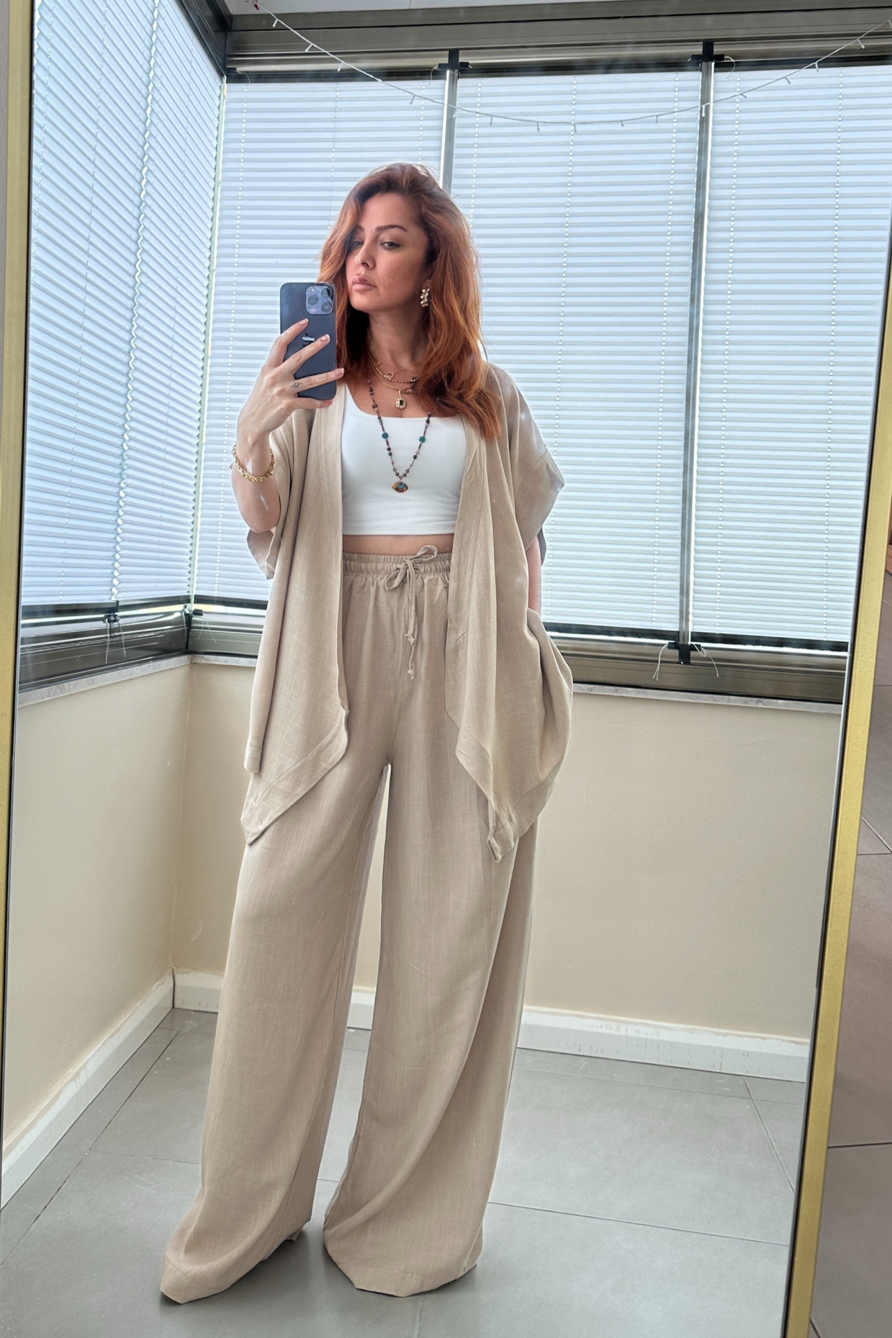 Toprak Rengi Kimono ve Palazzo Takım