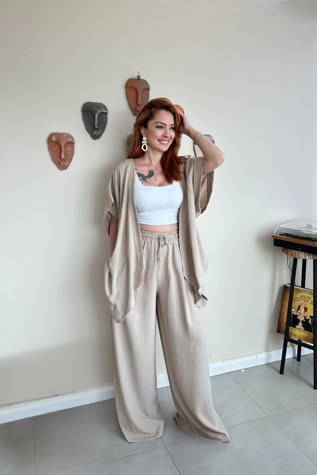 Toprak Rengi Kimono ve Palazzo Takım