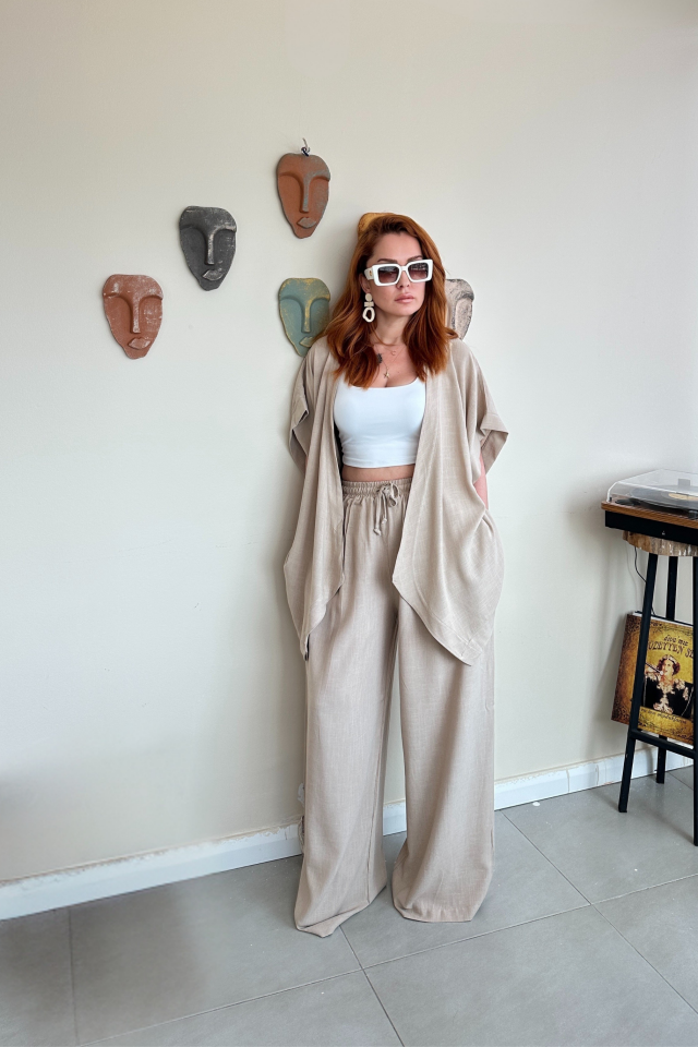 Toprak Rengi Kimono ve Palazzo Takım