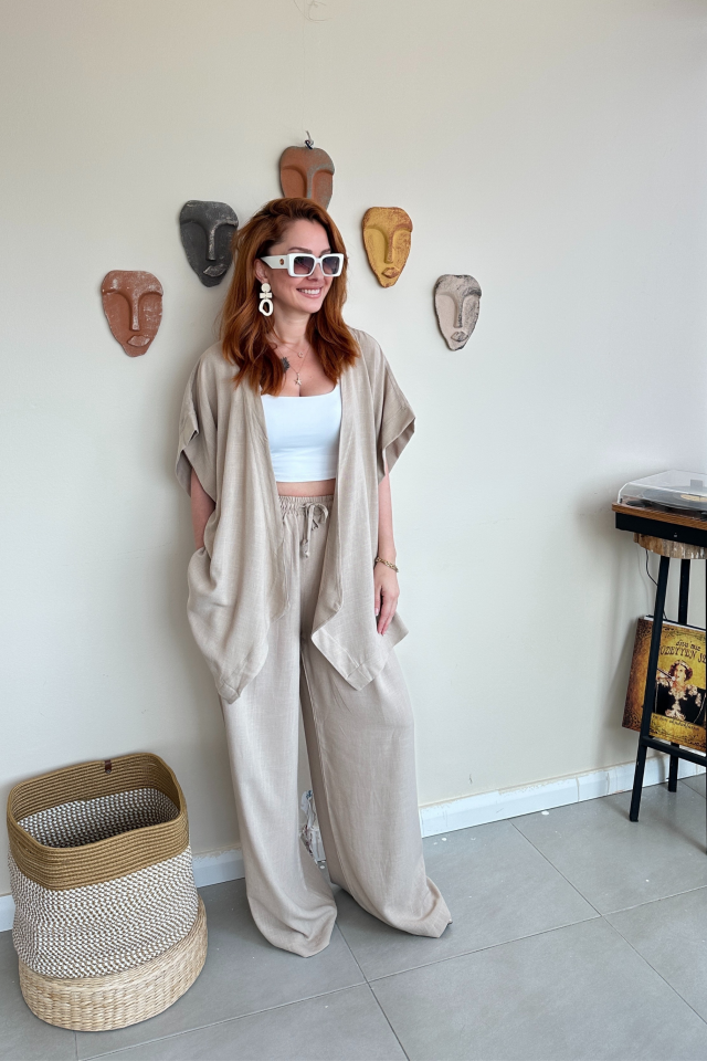 Toprak Rengi Kimono ve Palazzo Takım