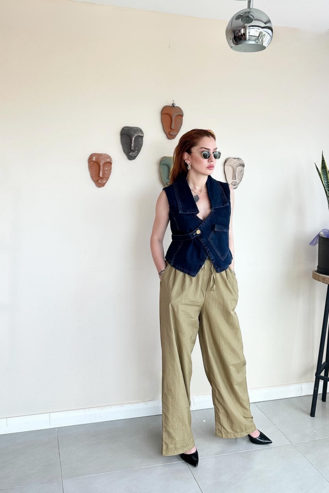 Bant Detaylı Kot Yelek