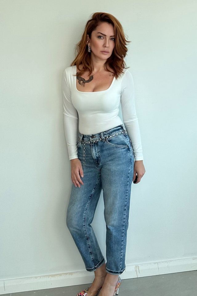 Beyaz Çıtçıtlı U Yaka Bluz