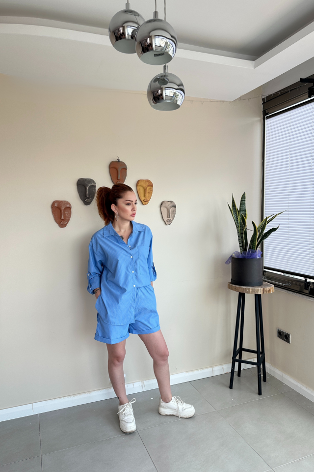 Mavi Çizgili Şort Gömlek Takım