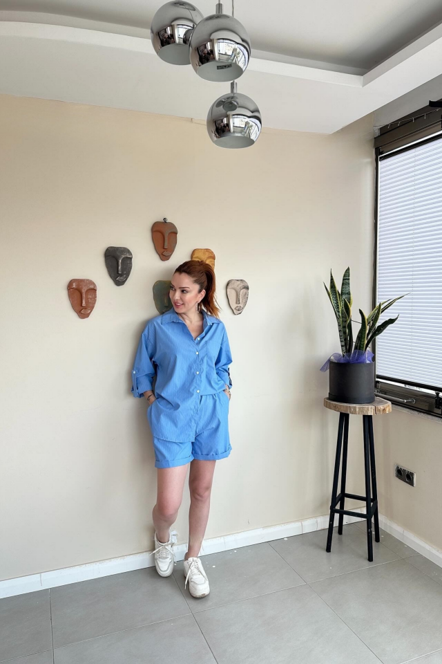 Mavi Çizgili Şort Gömlek Takım