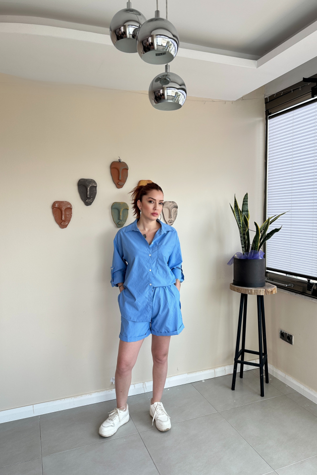 Mavi Çizgili Şort Gömlek Takım