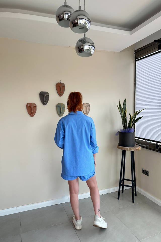 Mavi Çizgili Şort Gömlek Takım