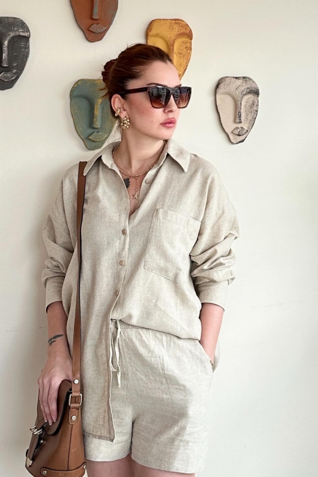 Tek Cepli Bej Gömlek Şort Takım