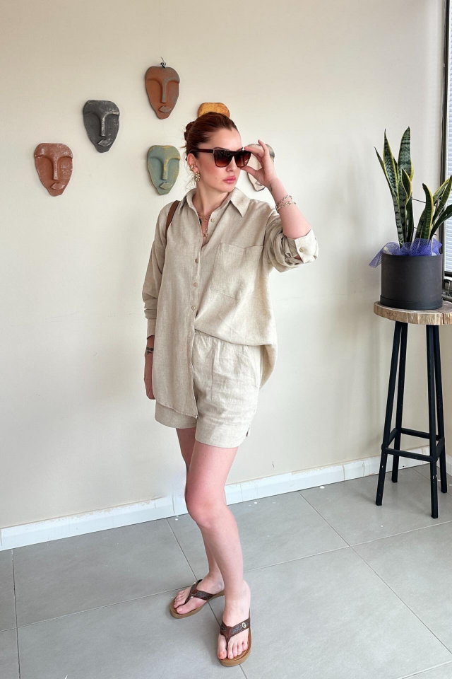 Tek Cepli Bej Gömlek Şort Takım