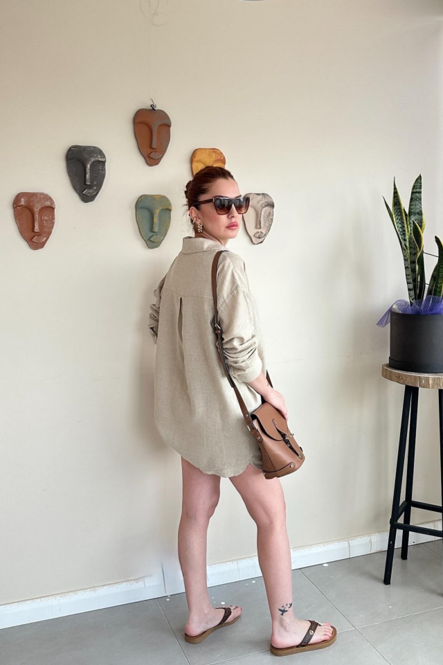 Tek Cepli Bej Gömlek Şort Takım