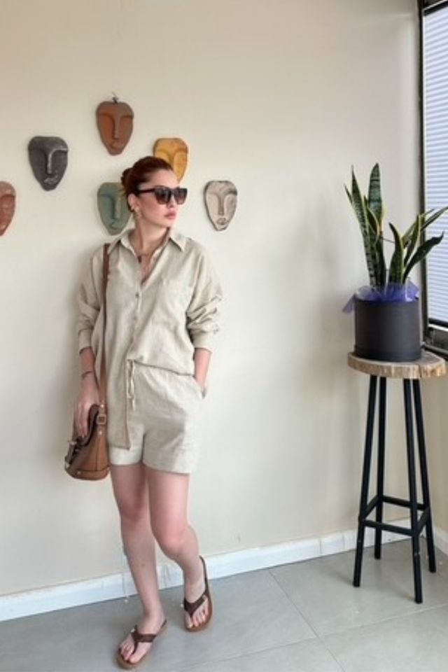 Tek Cepli Bej Gömlek Şort Takım