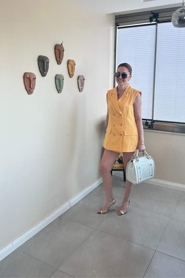 Sarı Keten  Şort Etek & Yelek Takım