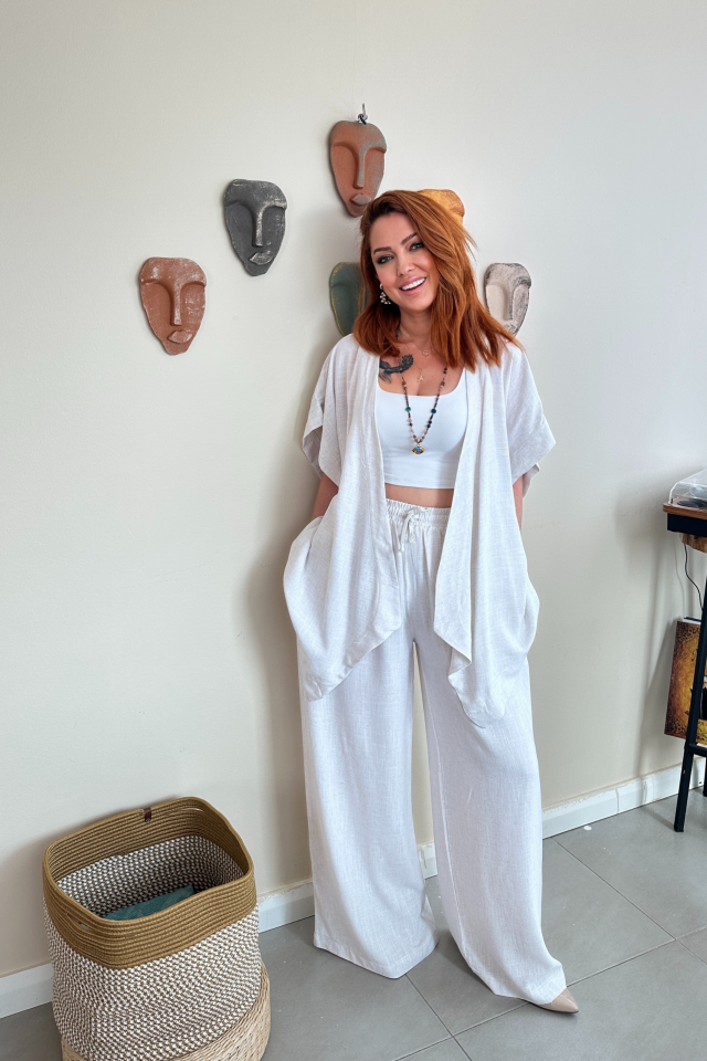 Taş Rengi Keten Kimono Pantolon Takım