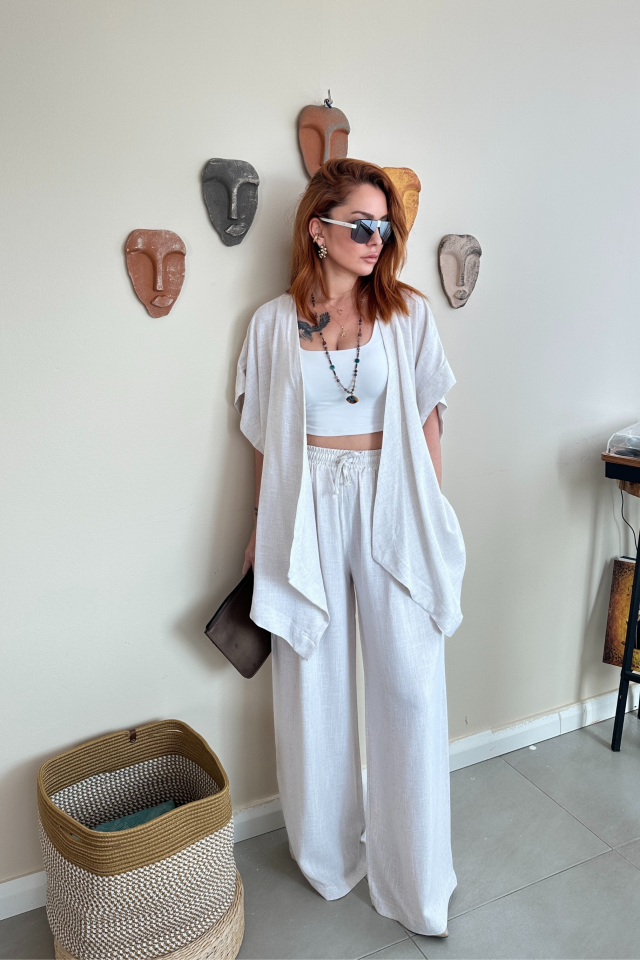 Taş Rengi Keten Kimono Pantolon Takım