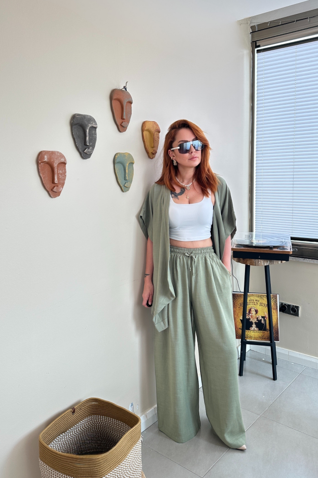 Haki Renk Keten Kimono Pantolon Takım