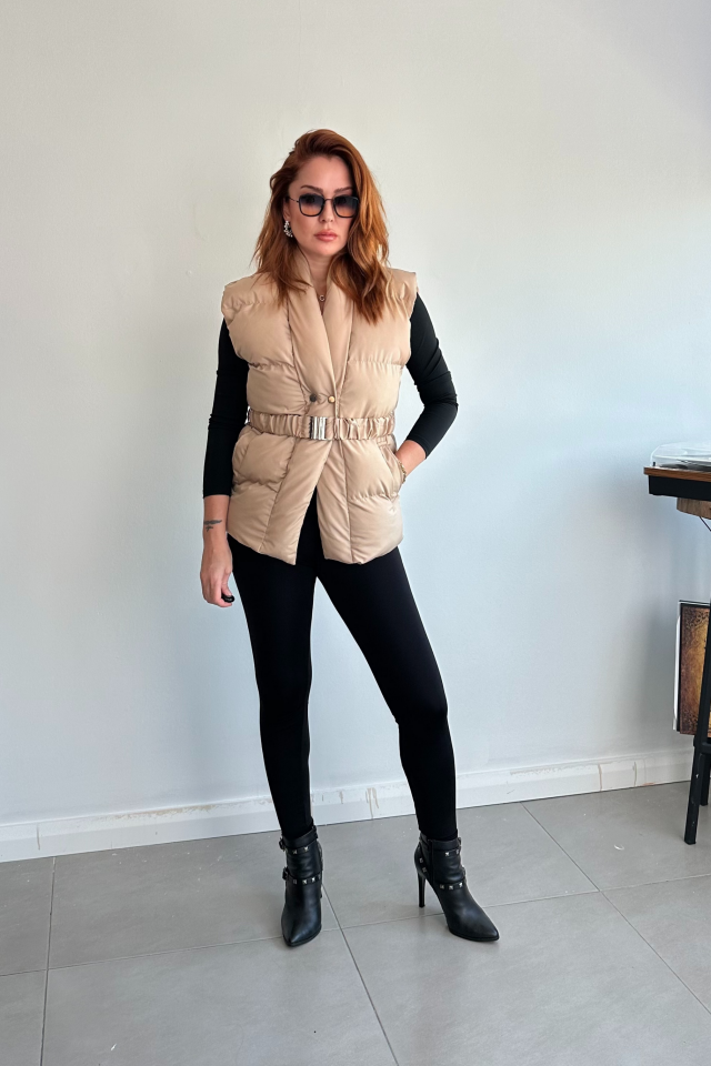 Bej Kemerli Puff Yelek