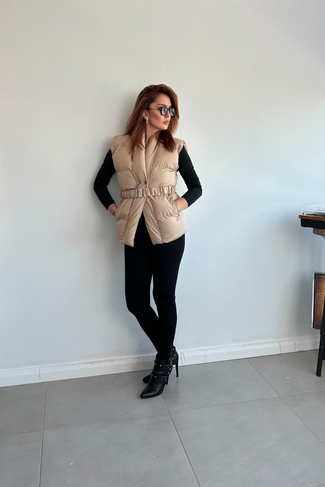 Bej Kemerli Puff Yelek