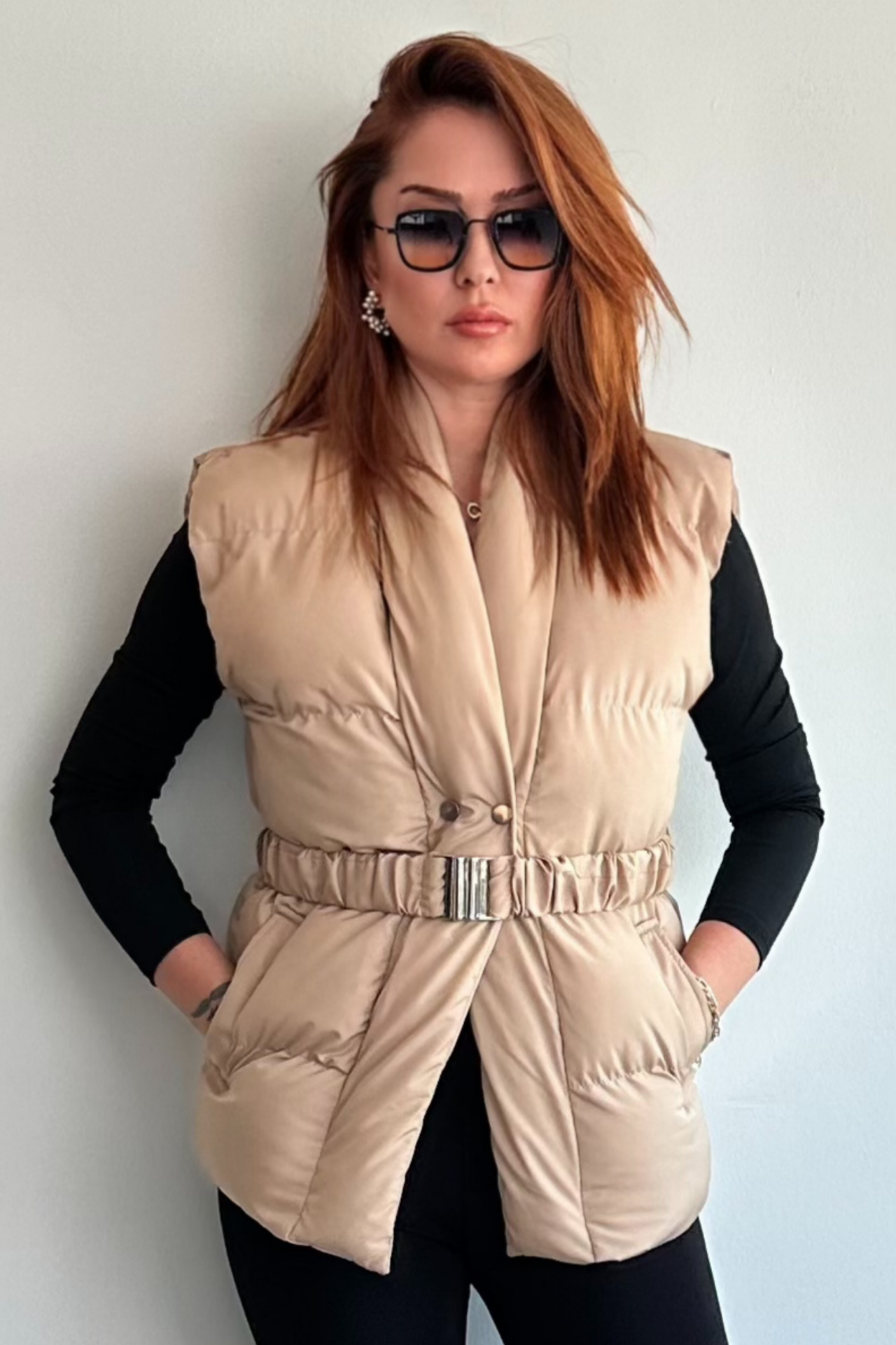 Bej Kemerli Puff Yelek