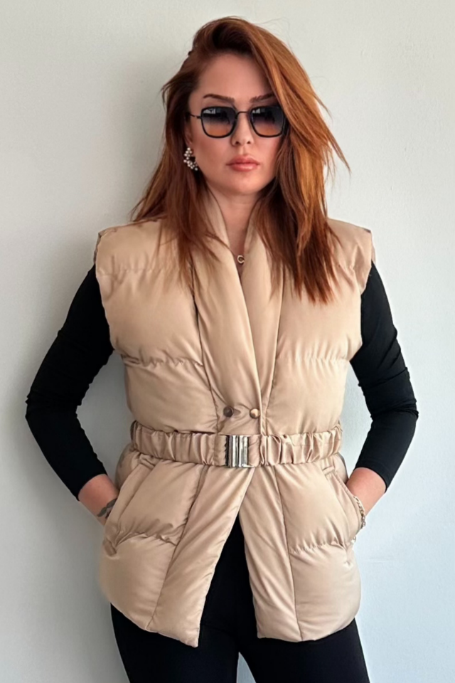 Bej Kemerli Puff Yelek