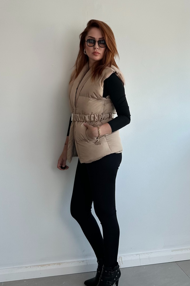 Bej Kemerli Puff Yelek