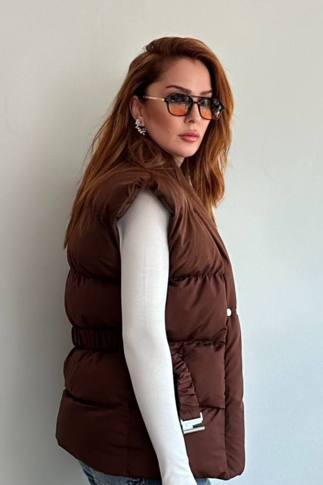 Kahve Rengi Kemerli Puff Yelek