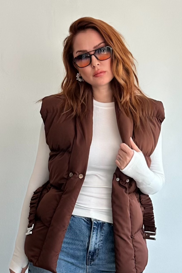 Kahve Rengi Kemerli Puff Yelek