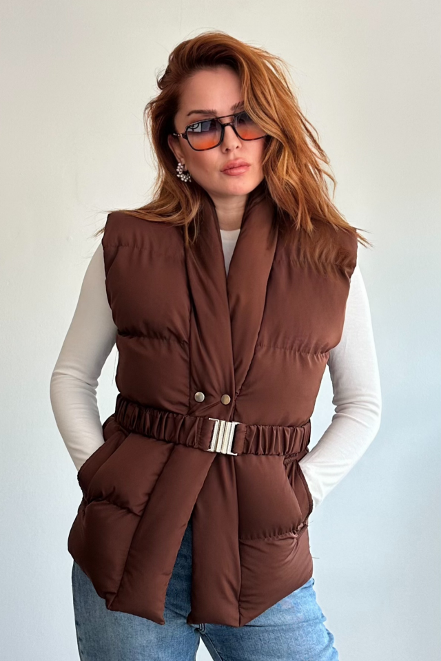 Kahve Rengi Kemerli Puff Yelek