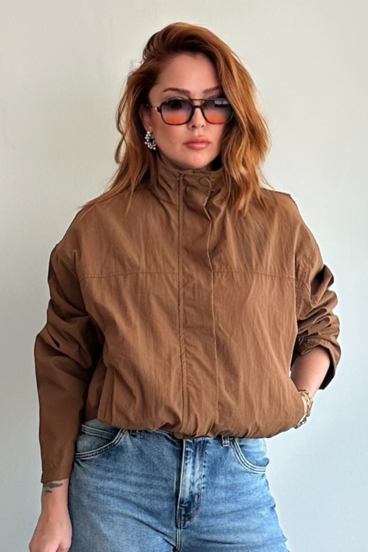 Kahve Rengi Paraşut Kumaş Ceket