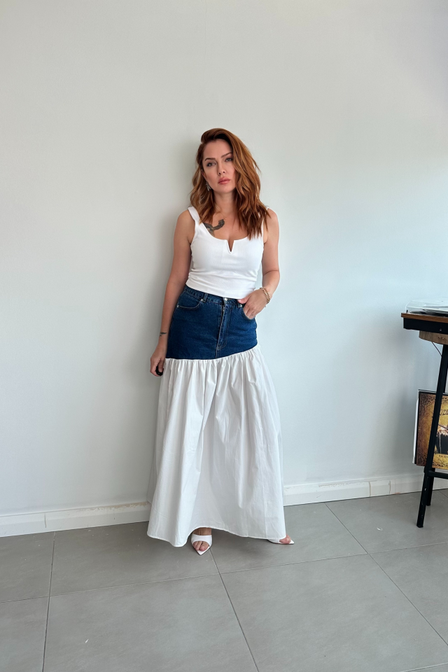 Üstü Demin Altı Poplin Etek