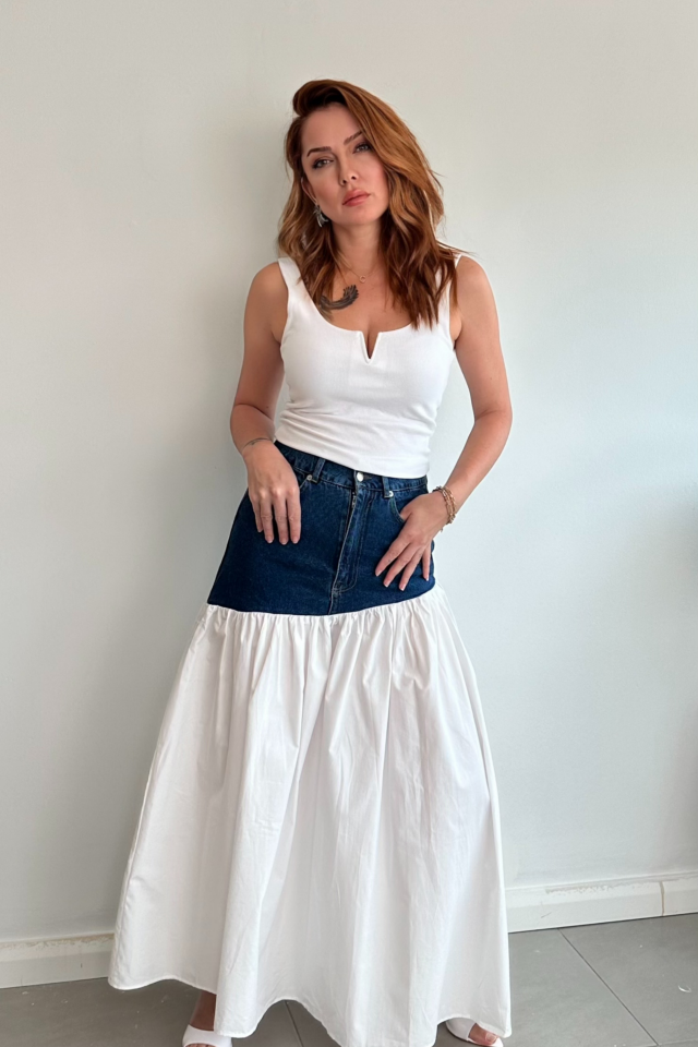 Üstü Demin Altı Poplin Etek