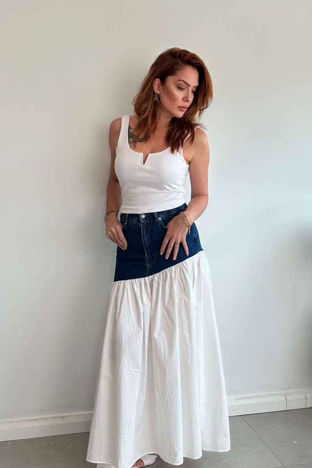 Üstü Demin Altı Poplin Etek