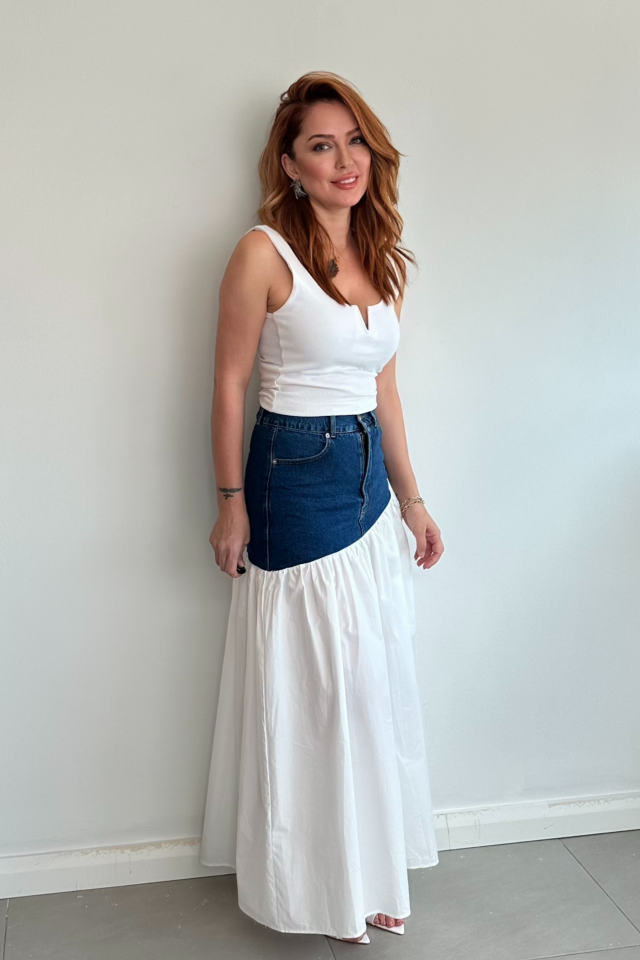 Üstü Demin Altı Poplin Etek