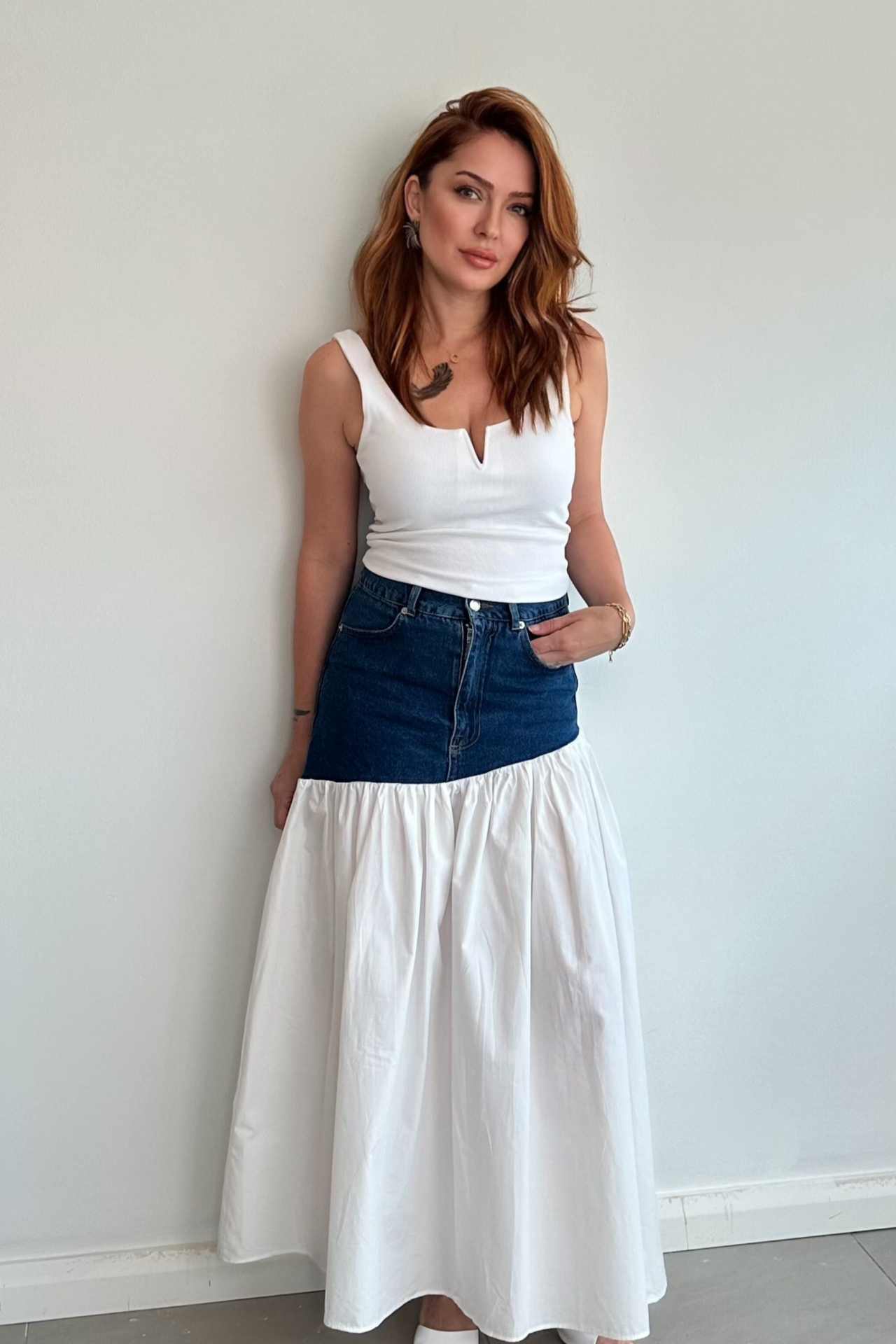 Üstü Demin Altı Poplin Etek