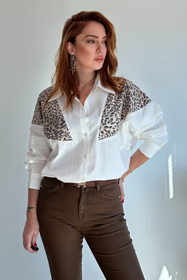 Beyaz Leopar Desenli Gömlek