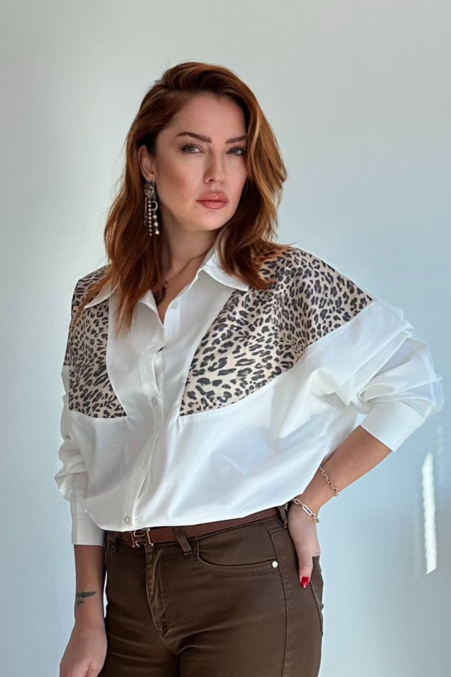 Beyaz Leopar Desenli Gömlek