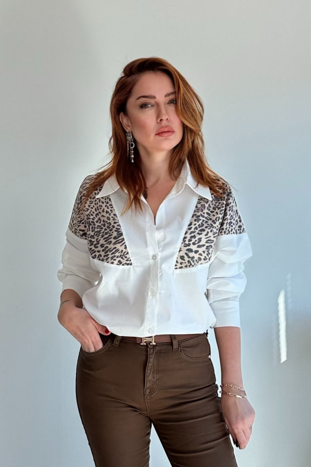 Beyaz Leopar Desenli Gömlek