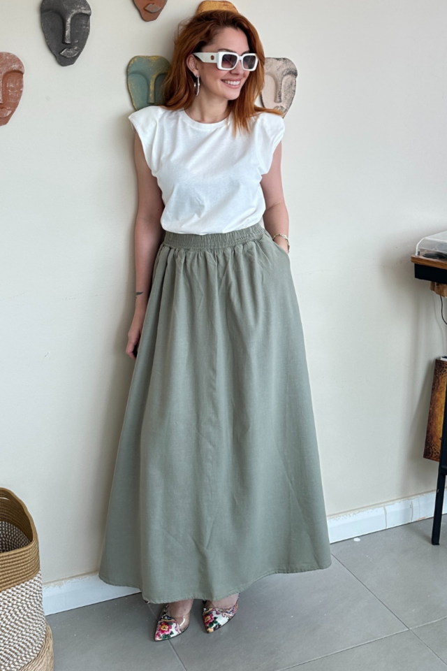 Volanlı Haki Keten Etek