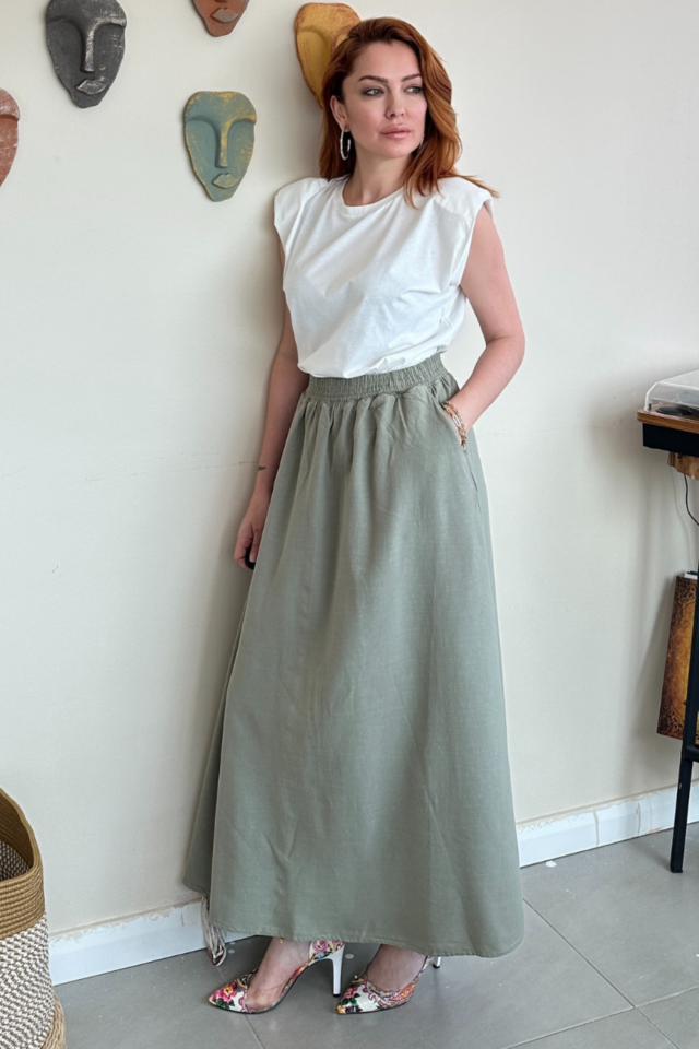 Volanlı Haki Keten Etek