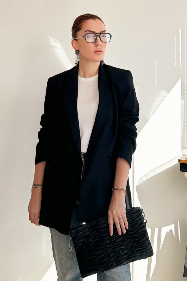 Siyah İki Düğmeli Süet Blazer Ceket