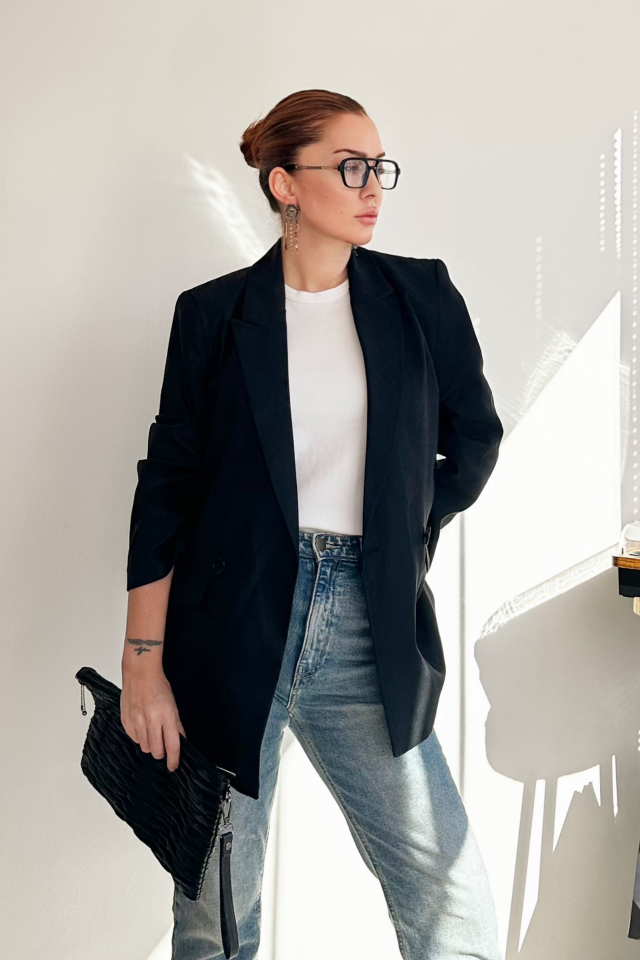 Siyah İki Düğmeli Süet Blazer Ceket