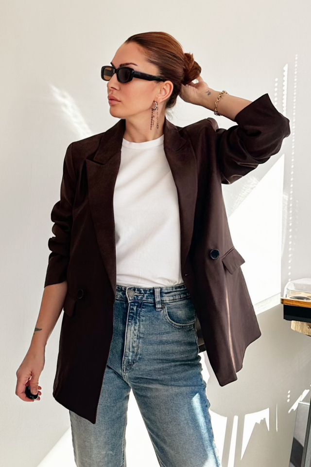 Acı Kahve İki Düğmeli Süet Blazer Ceket