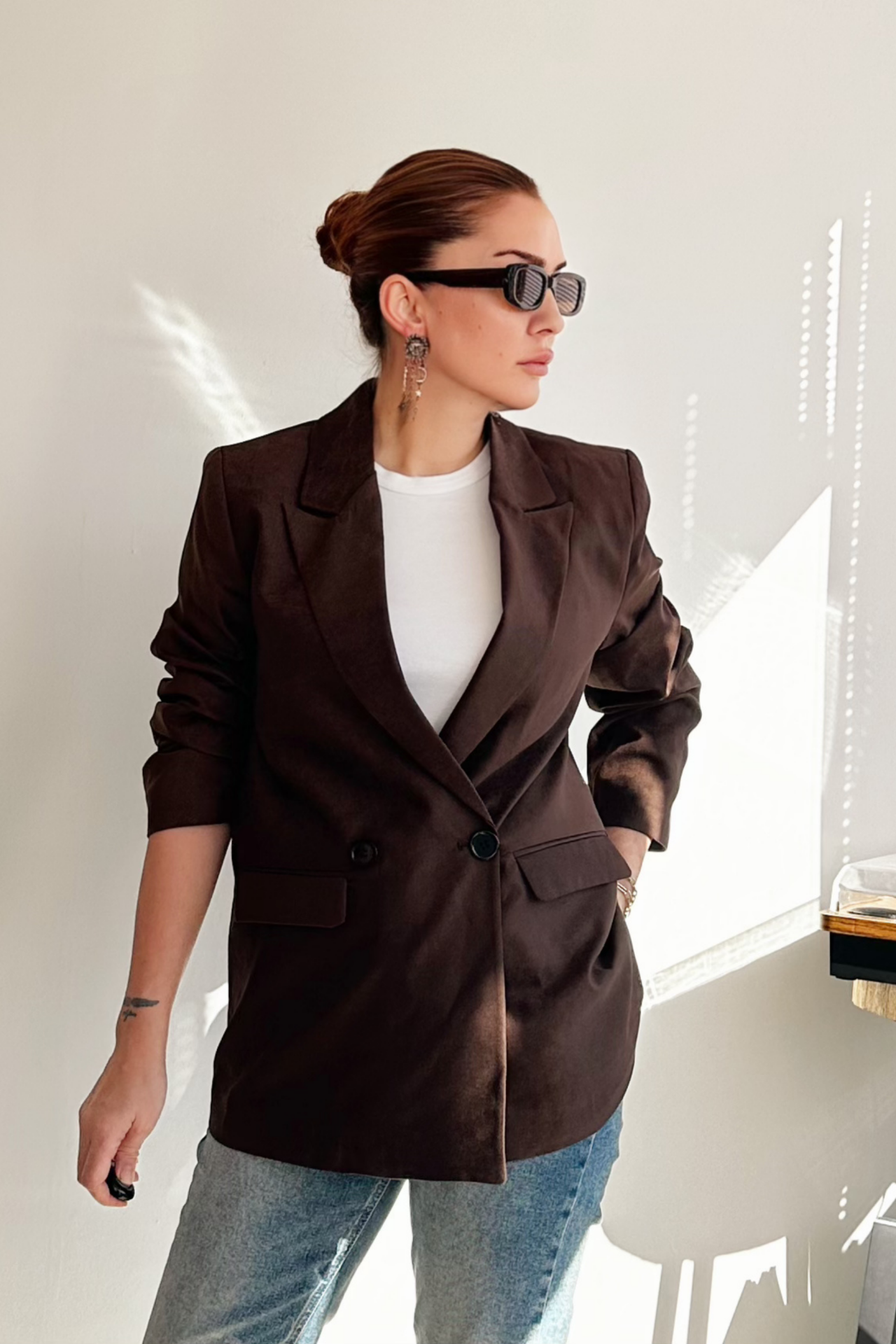 Acı Kahve İki Düğmeli Süet Blazer Ceket