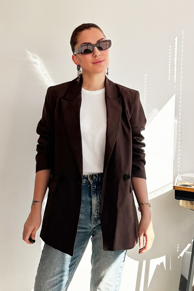 Acı Kahve İki Düğmeli Süet Blazer Ceket