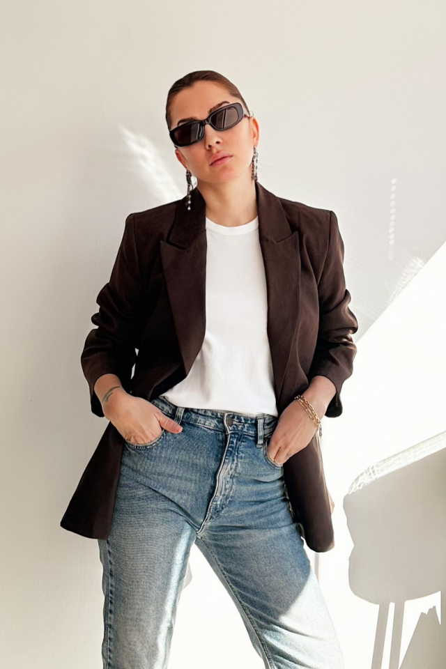 Acı Kahve İki Düğmeli Süet Blazer Ceket