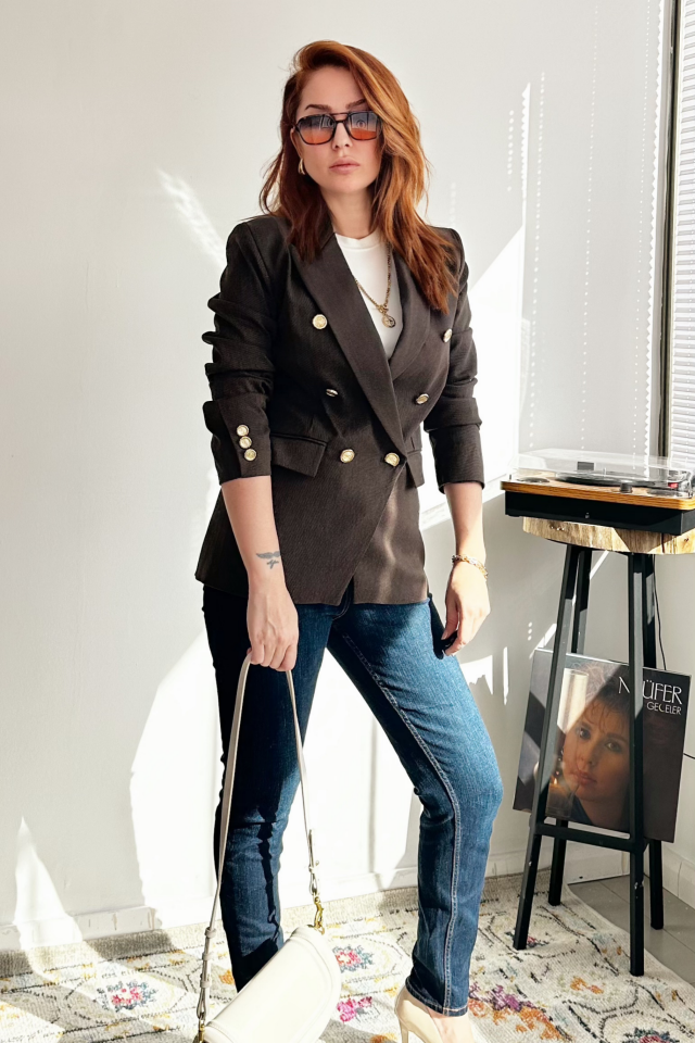 Kahverengi Gabardin Kruvaze Ceket