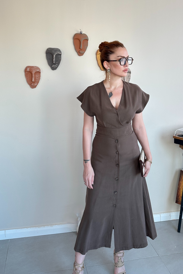 Kruvaze Yaka Kahverengi Elbise