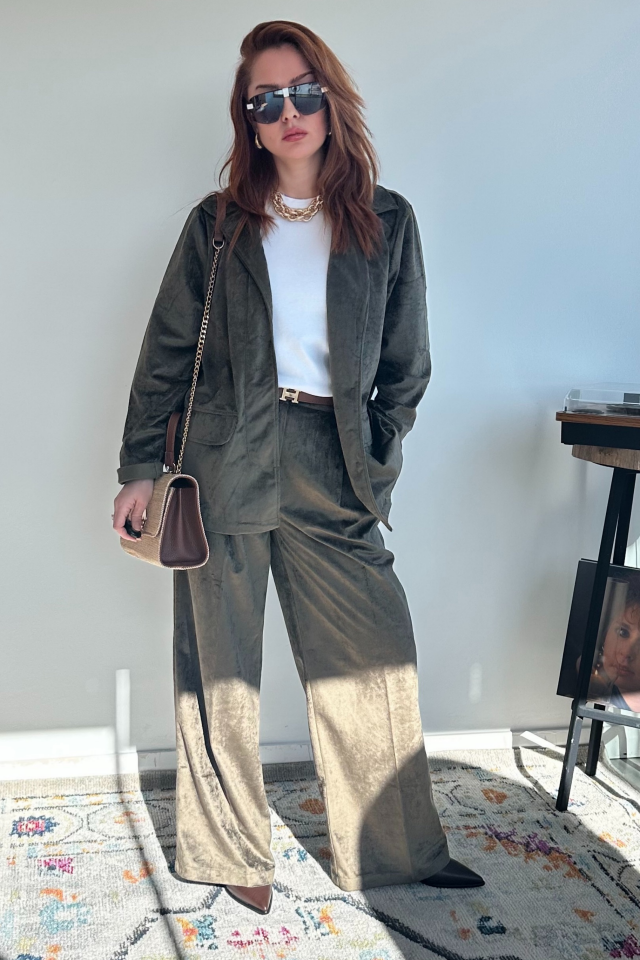 Haki Süet Pantolon Ceket Takım