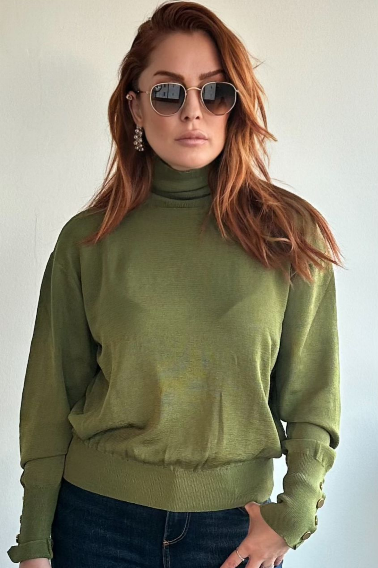 Yeşil Kol Düğme Detaylı Balıkçı Yaka  Kazak