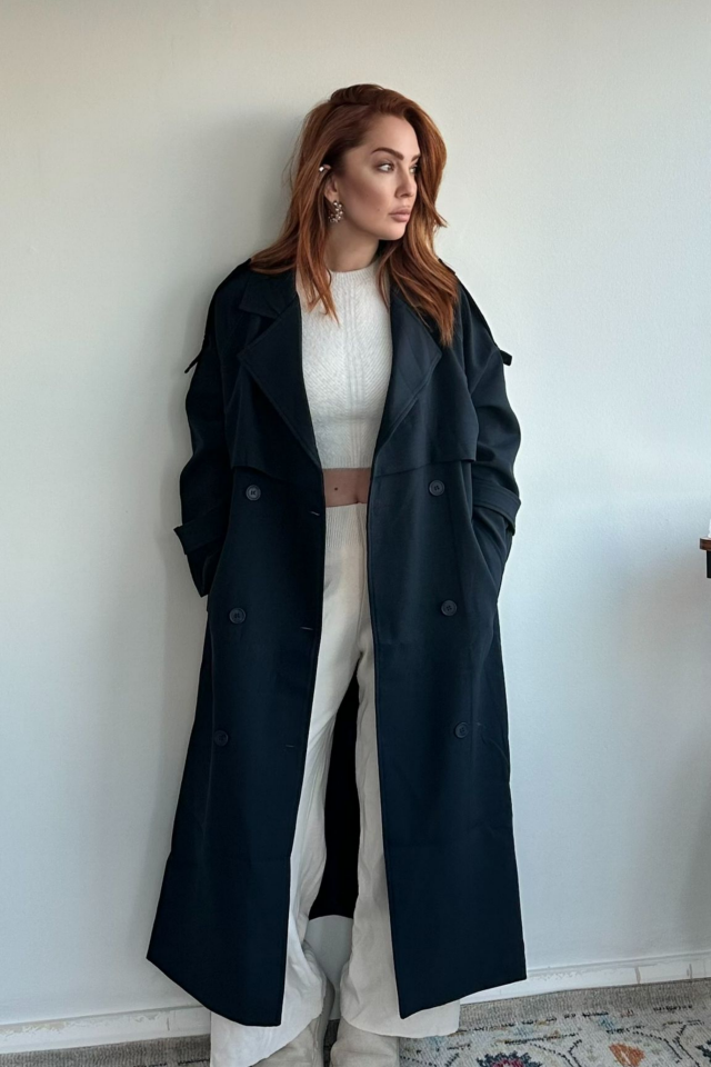 Lacivert Uzun Trençkot