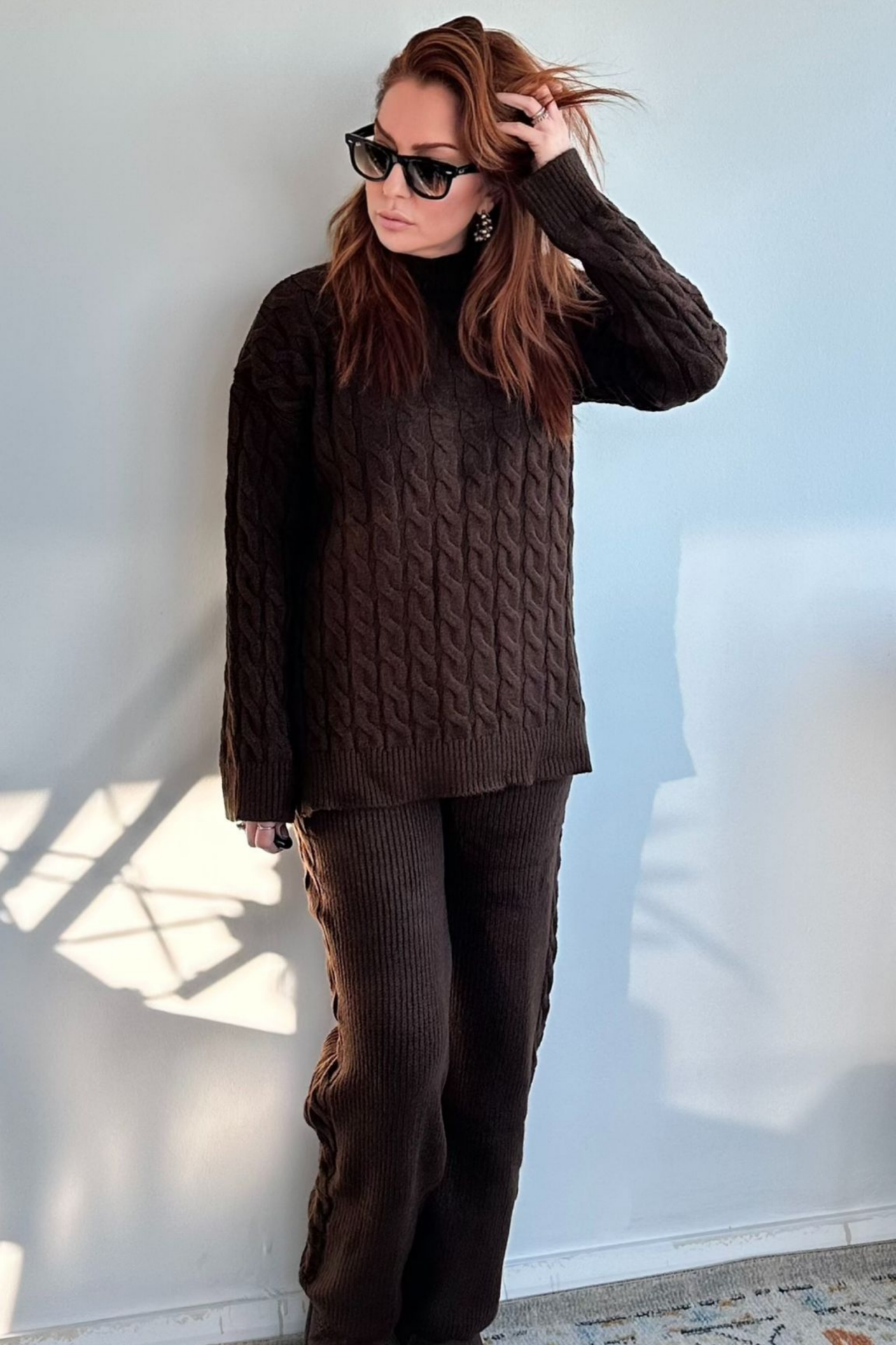 Kahverengi Saç Örgü Detaylı Triko Takım