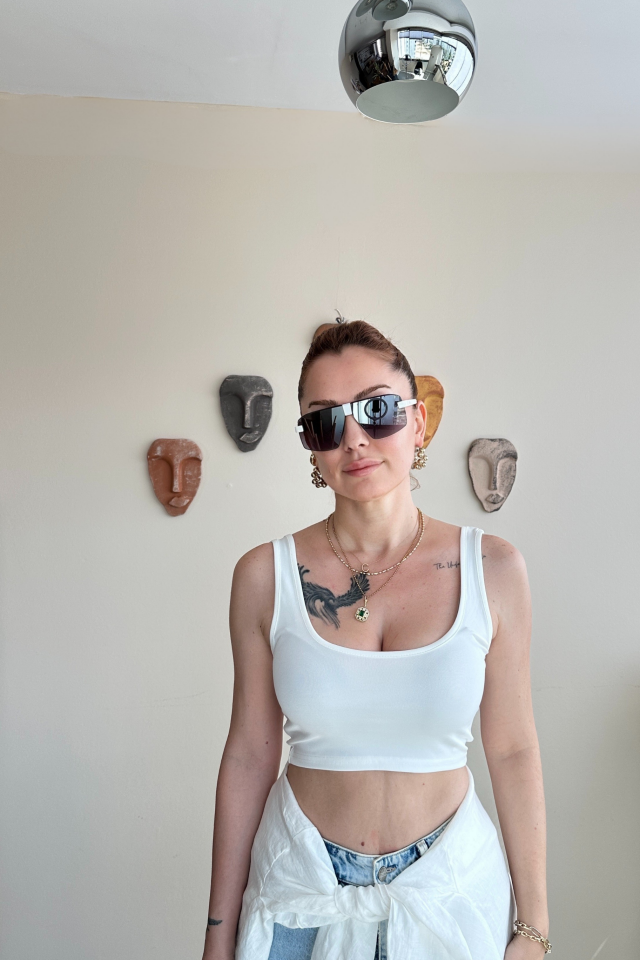 Kalın Askılı Ekru  Crop Büstiyer